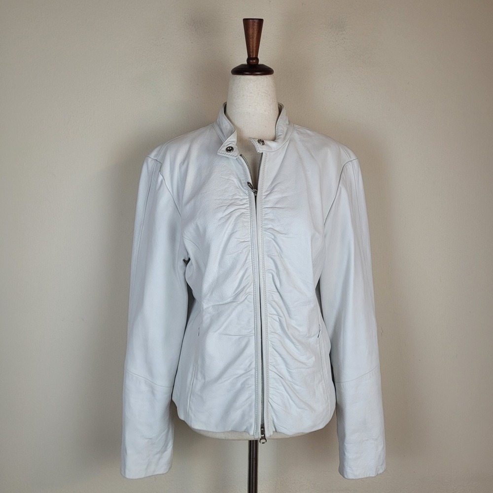 Vintage Wilsons Leather Jacket Large White Leather Ruched Zip Mock Neck Moto 90s
